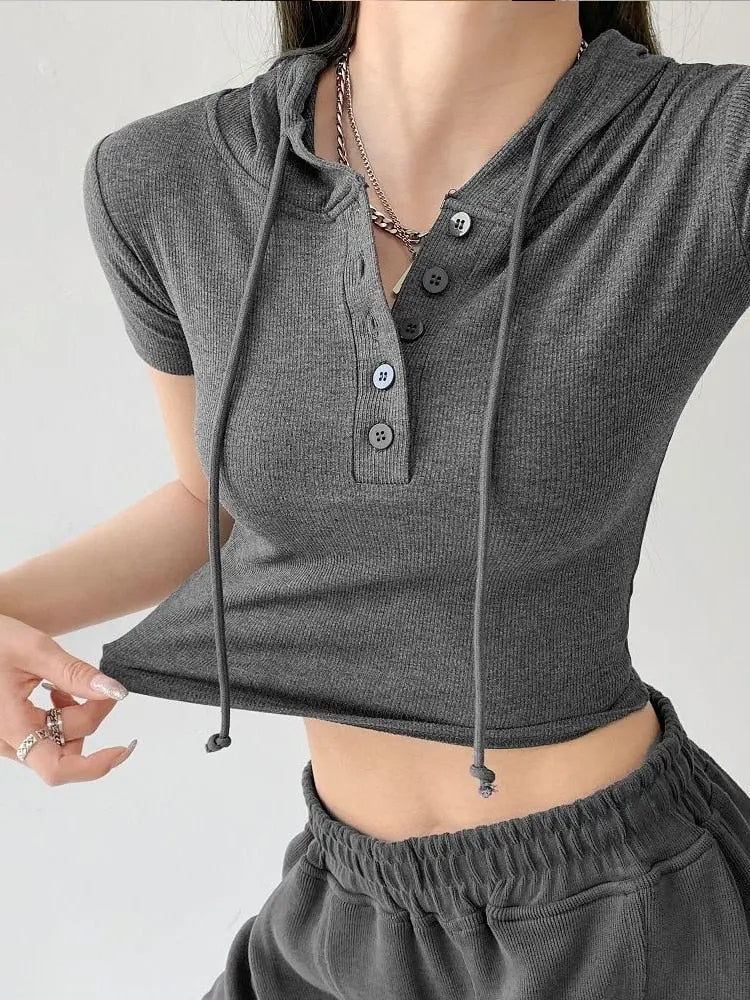 Fashion Hooded T-shirts Women Summer Tight Short Sleeve Y2k Tees Gray Crop Tops Female - Blade & Thread