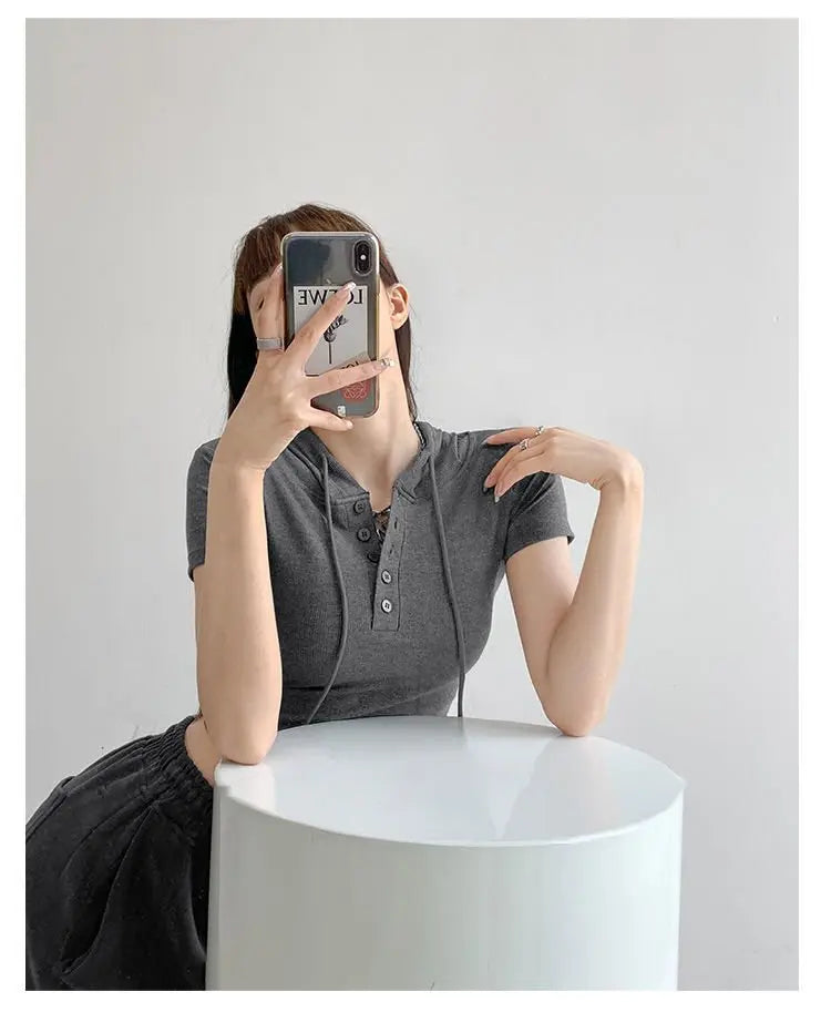 Fashion Hooded T-shirts Women Summer Tight Short Sleeve Y2k Tees Gray Crop Tops Female - Blade & Thread