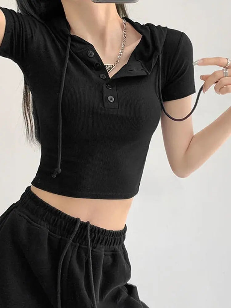 Fashion Hooded T-shirts Women Summer Tight Short Sleeve Y2k Tees Gray Crop Tops Female - Blade & Thread