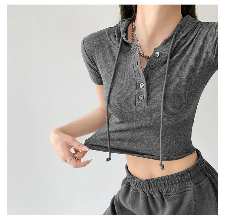 Fashion Hooded T-shirts Women Summer Tight Short Sleeve Y2k Tees Gray Crop Tops Female - Blade & Thread