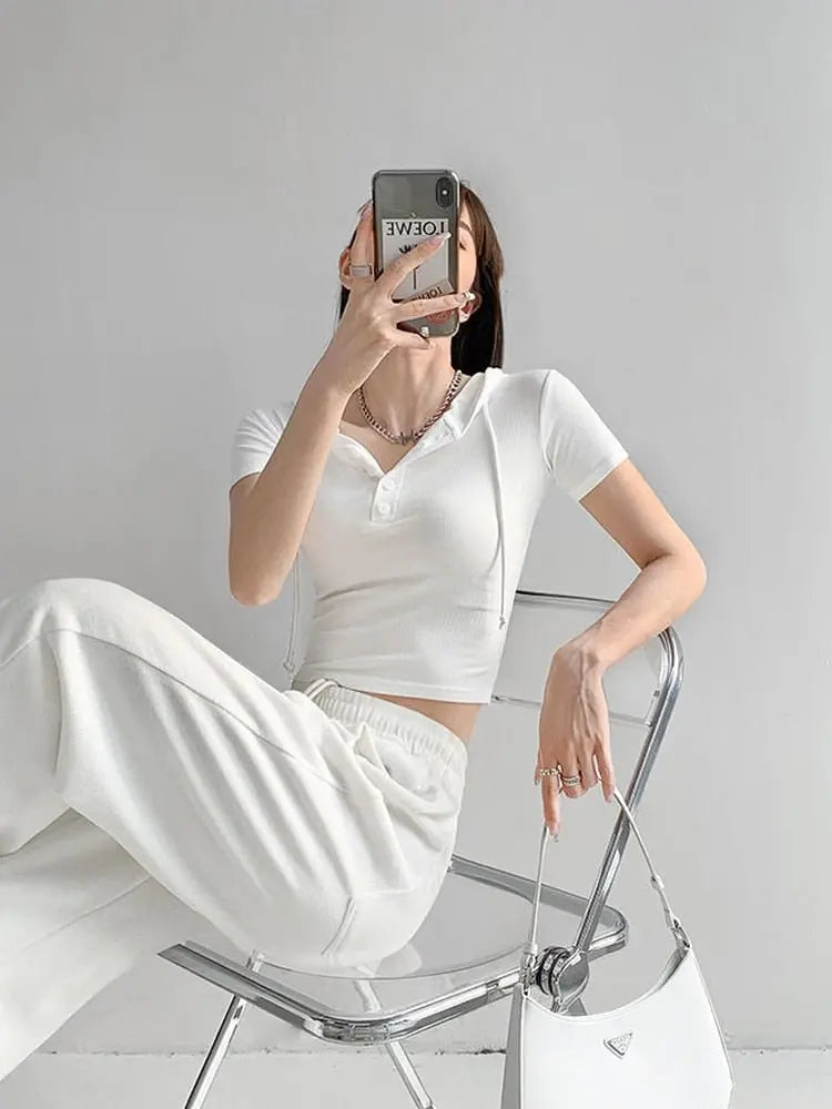Fashion Hooded T-shirts Women Summer Tight Short Sleeve Y2k Tees Gray Crop Tops Female - Blade & Thread
