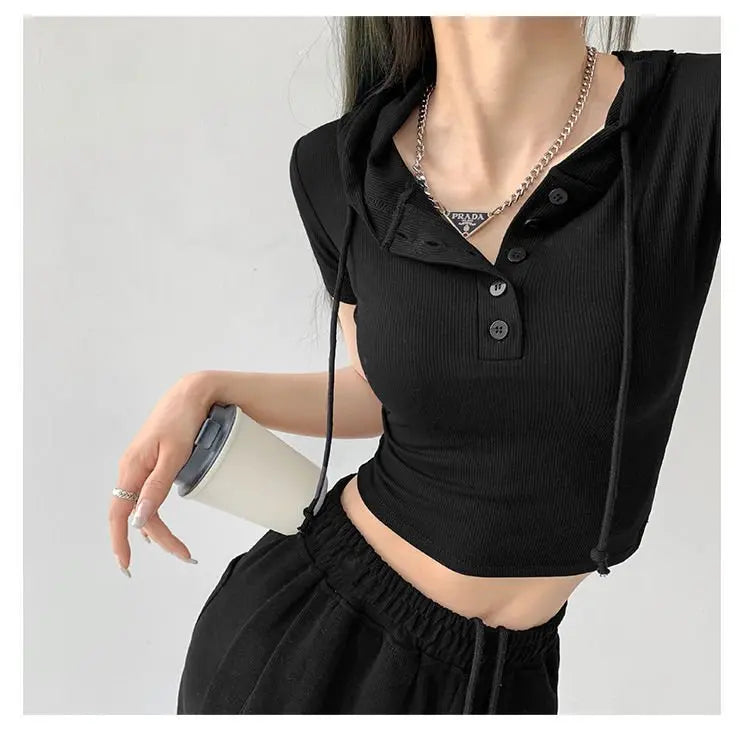 Fashion Hooded T-shirts Women Summer Tight Short Sleeve Y2k Tees Gray Crop Tops Female - Blade & Thread