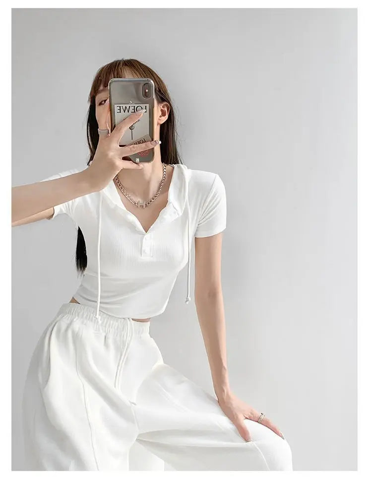 Fashion Hooded T-shirts Women Summer Tight Short Sleeve Y2k Tees Gray Crop Tops Female - Blade & Thread