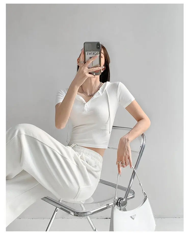 Fashion Hooded T-shirts Women Summer Tight Short Sleeve Y2k Tees Gray Crop Tops Female - Blade & Thread