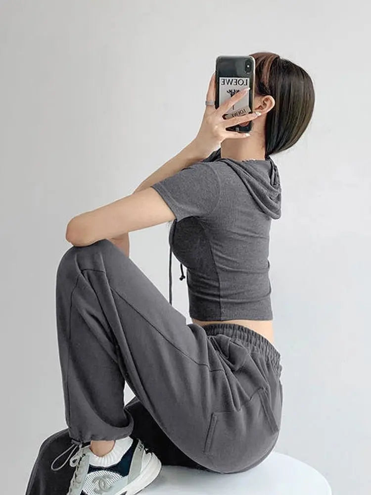 Fashion Hooded T-shirts Women Summer Tight Short Sleeve Y2k Tees Gray Crop Tops Female - Blade & Thread