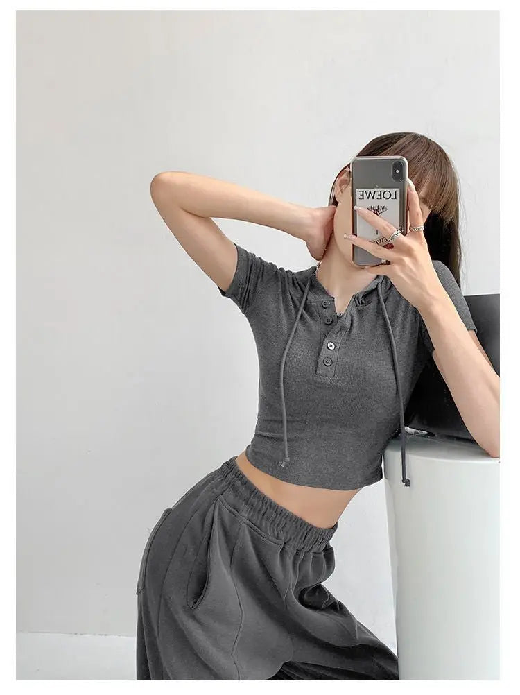 Fashion Hooded T-shirts Women Summer Tight Short Sleeve Y2k Tees Gray Crop Tops Female - Blade & Thread