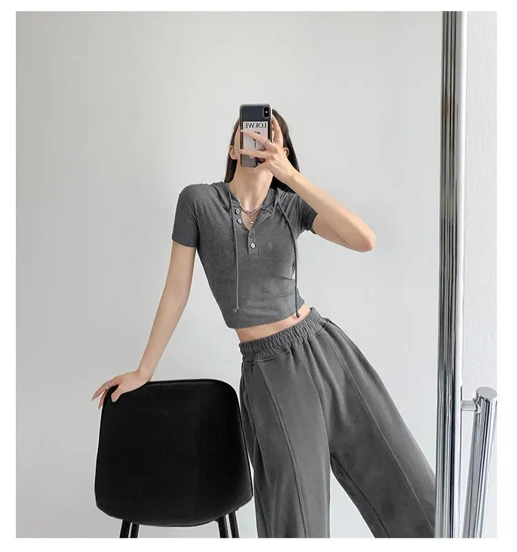 Fashion Hooded T-shirts Women Summer Tight Short Sleeve Y2k Tees Gray Crop Tops Female - Blade & Thread