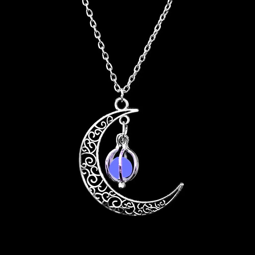 Fashion Silver Color Charm Luminous Pendant Necklace Women Moon Glowing Stone Necklace - Blade & Thread