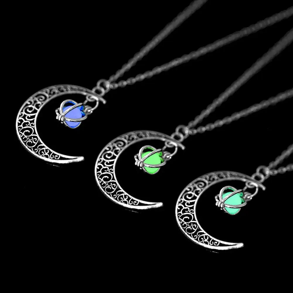 Fashion Silver Color Charm Luminous Pendant Necklace Women Moon Glowing Stone Necklace - Blade & Thread