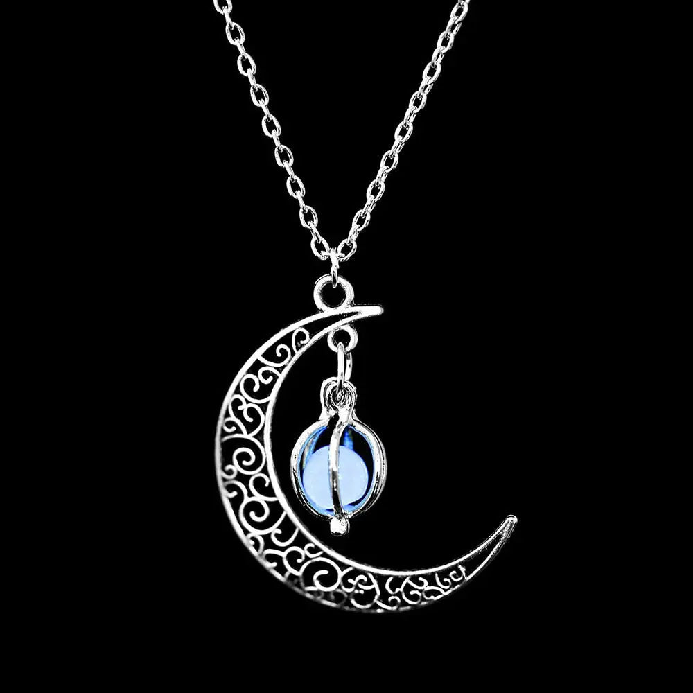 Fashion Silver Color Charm Luminous Pendant Necklace Women Moon Glowing Stone Necklace - Blade & Thread
