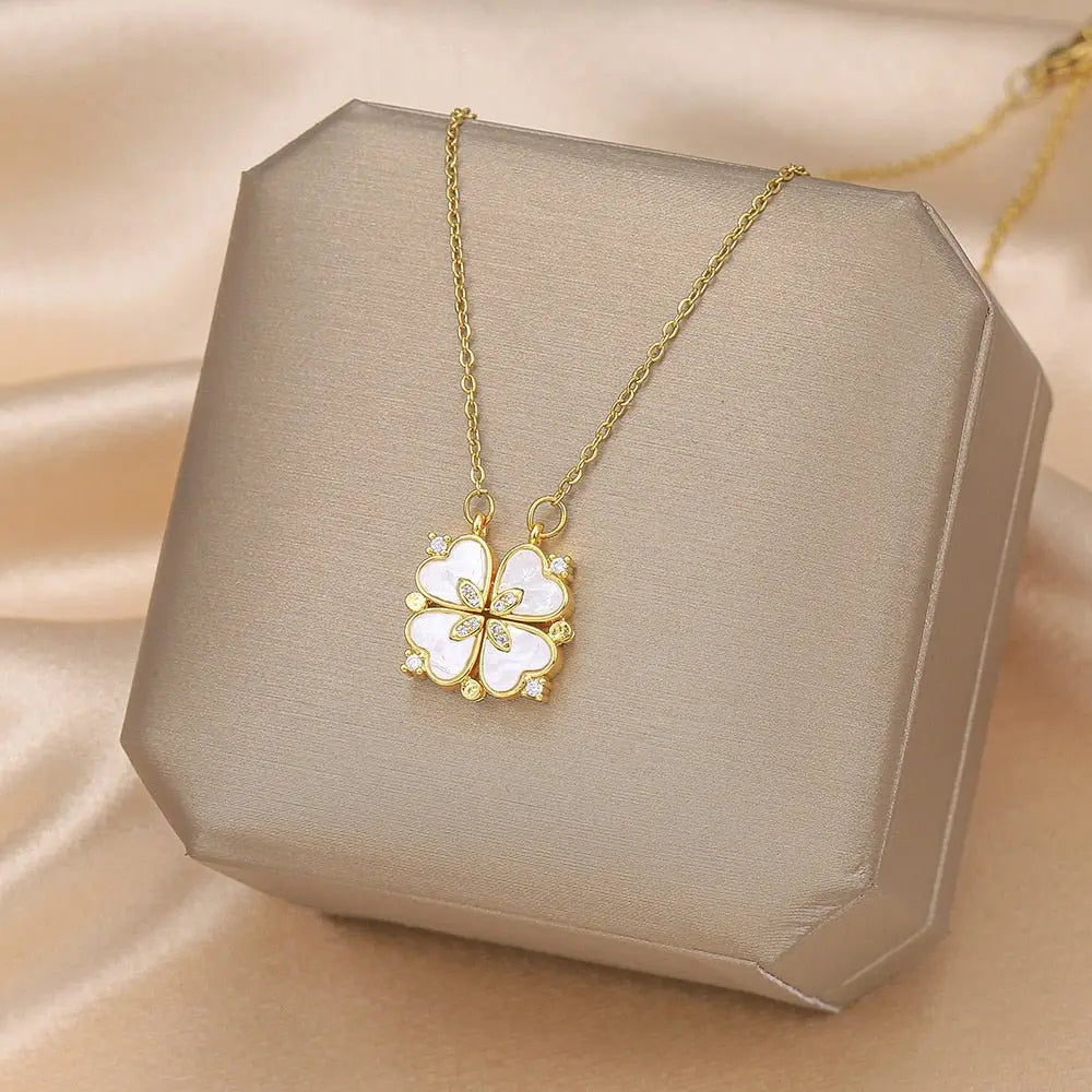 Fashion white mother-of-pearl folding four-leaf clover necklace - Blade & Thread