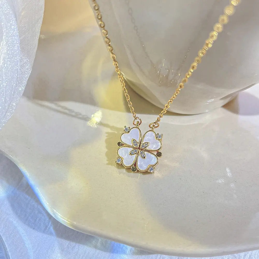 Fashion white mother-of-pearl folding four-leaf clover necklace - Blade & Thread