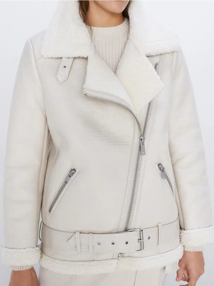 Faux Lamb Leather Jacket Pu Moto Zipper Jacket Warm Thick Outerwear - Blade & Thread