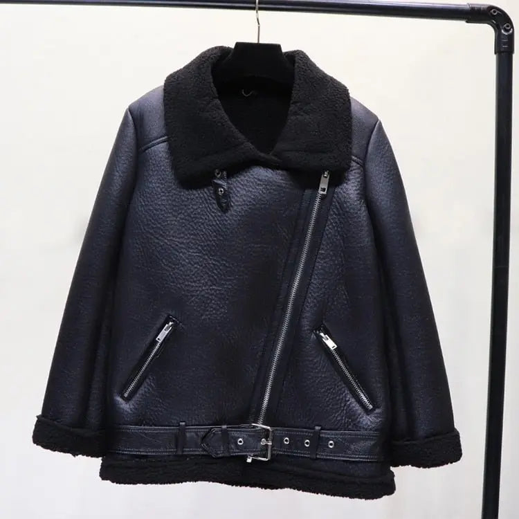 Faux Lamb Leather Jacket Pu Moto Zipper Jacket Warm Thick Outerwear - Blade & Thread