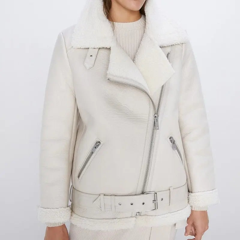 Faux Lamb Leather Jacket Pu Moto Zipper Jacket Warm Thick Outerwear - Blade & Thread