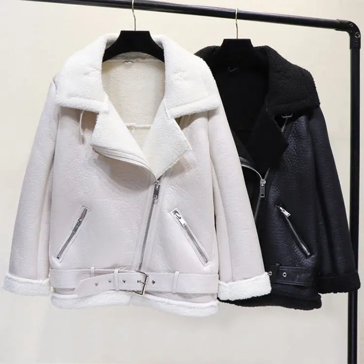 Faux Lamb Leather Jacket Pu Moto Zipper Jacket Warm Thick Outerwear - Blade & Thread