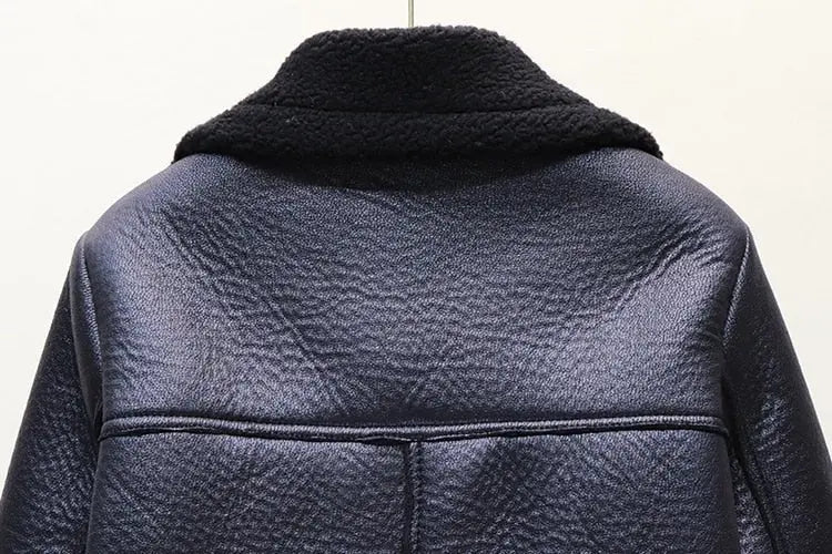 Faux Lamb Leather Jacket Pu Moto Zipper Jacket Warm Thick Outerwear - Blade & Thread
