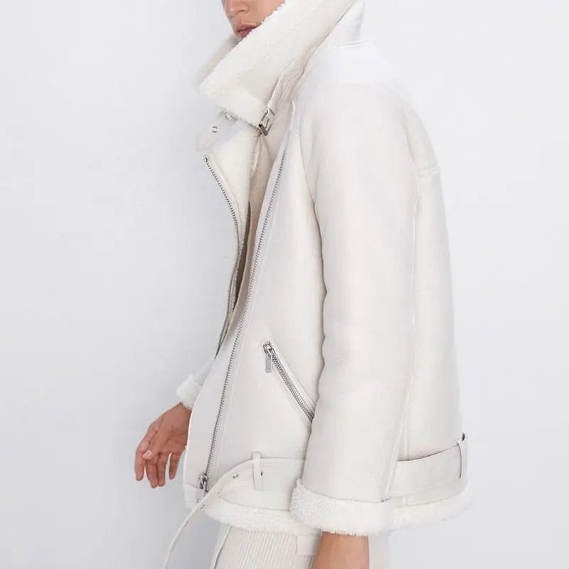 Faux Lamb Leather Jacket Pu Moto Zipper Jacket Warm Thick Outerwear - Blade & Thread