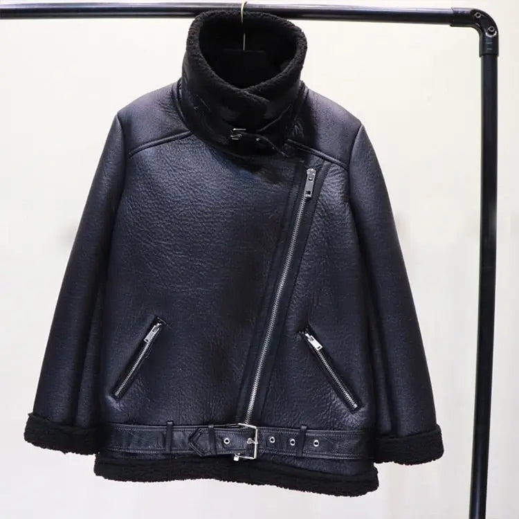 Faux Lamb Leather Jacket Pu Moto Zipper Jacket Warm Thick Outerwear - Blade & Thread