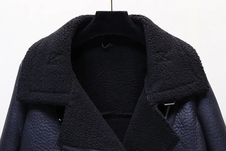 Faux Lamb Leather Jacket Pu Moto Zipper Jacket Warm Thick Outerwear - Blade & Thread