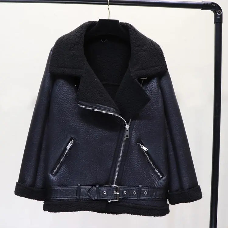 Faux Lamb Leather Jacket Pu Moto Zipper Jacket Warm Thick Outerwear - Blade & Thread