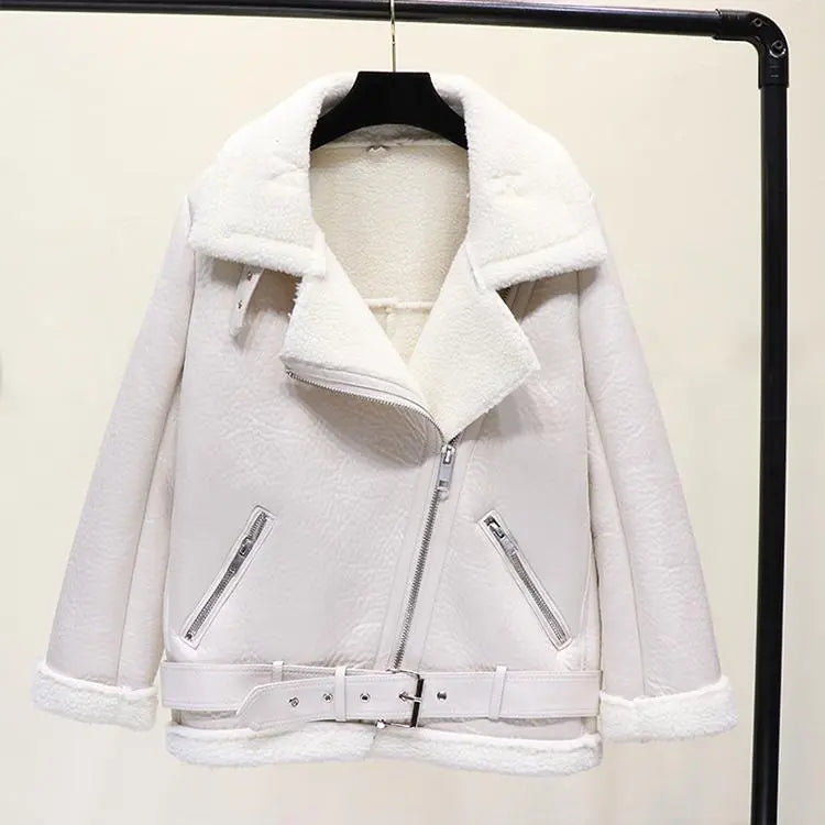 Faux Lamb Leather Jacket Pu Moto Zipper Jacket Warm Thick Outerwear - Blade & Thread