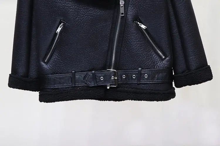 Faux Lamb Leather Jacket Pu Moto Zipper Jacket Warm Thick Outerwear - Blade & Thread