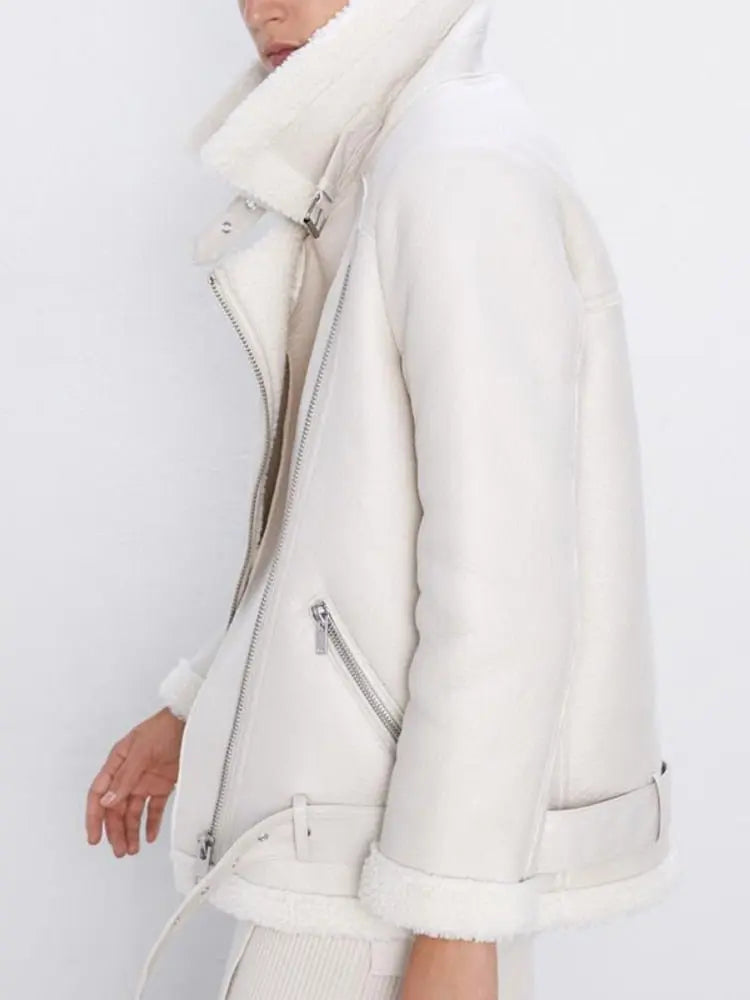 Faux Lamb Leather Jacket Pu Moto Zipper Jacket Warm Thick Outerwear - Blade & Thread