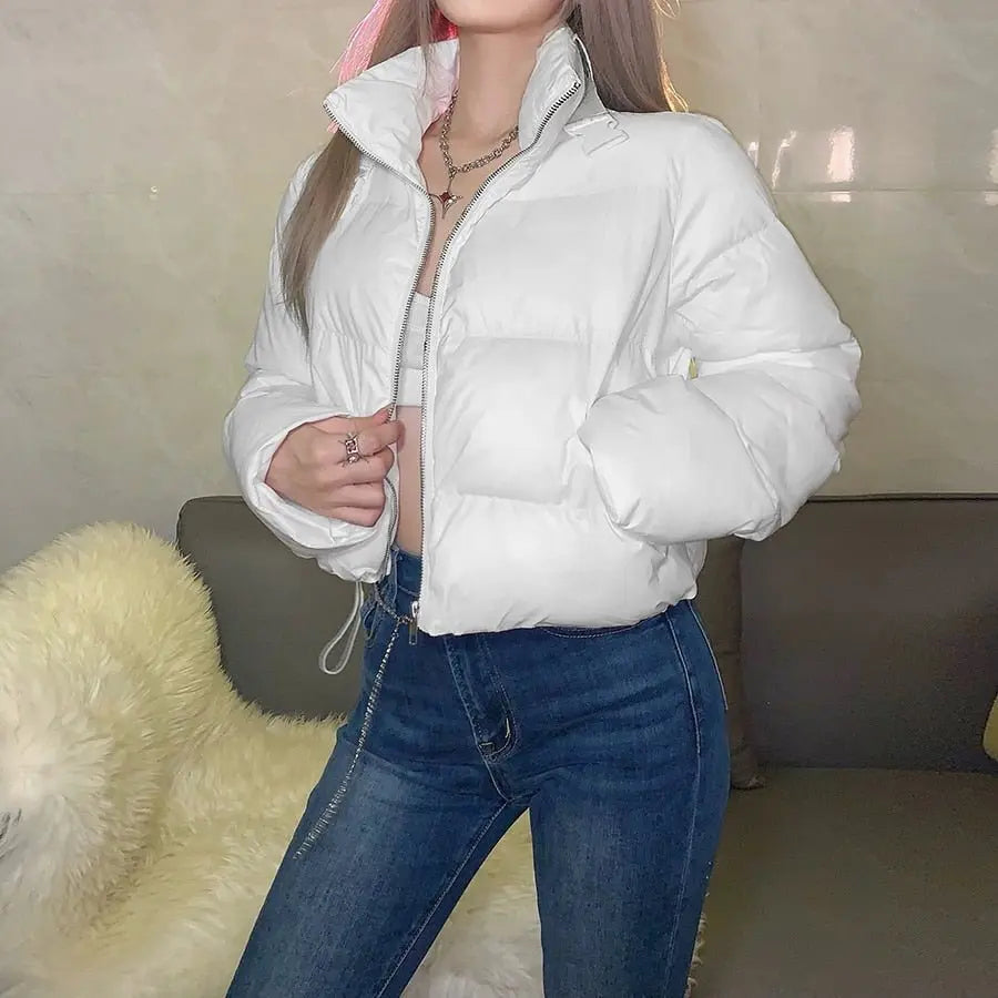 Faux PU Leather Y2K Bubble Puffer Winter Warm Jacket Women Long Sleeve Coats - Blade & Thread