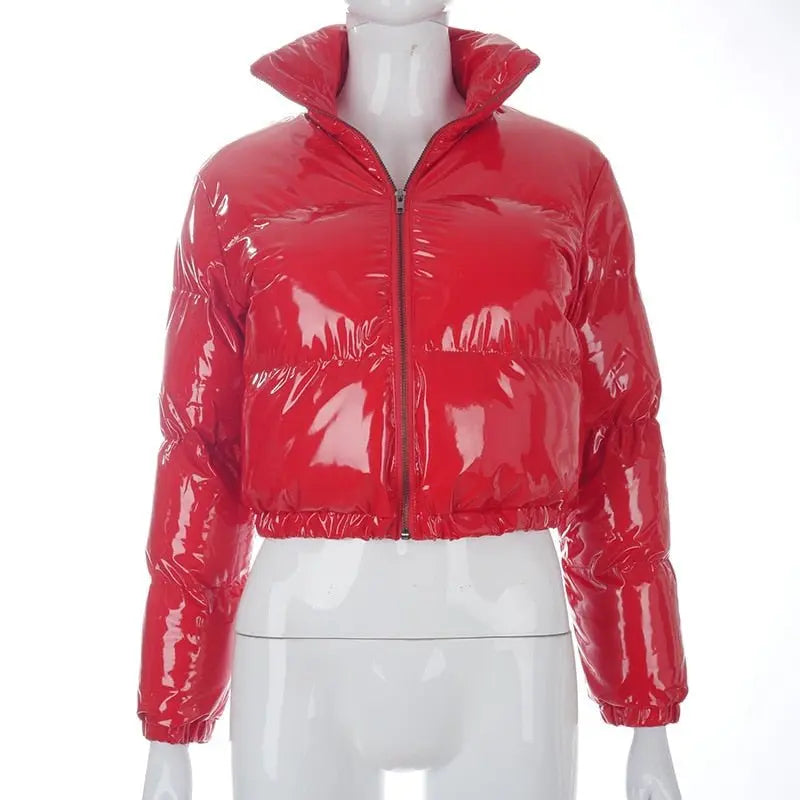 Faux PU Leather Y2K Bubble Puffer Winter Warm Jacket Women Long Sleeve Coats - Blade & Thread
