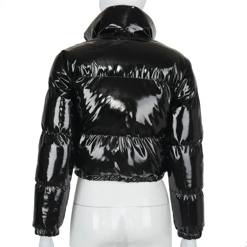 Faux PU Leather Y2K Bubble Puffer Winter Warm Jacket Women Long Sleeve Coats - Blade & Thread