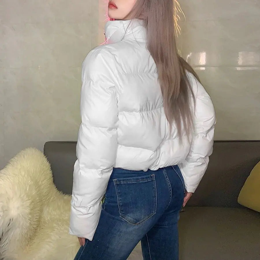 Faux PU Leather Y2K Bubble Puffer Winter Warm Jacket Women Long Sleeve Coats - Blade & Thread