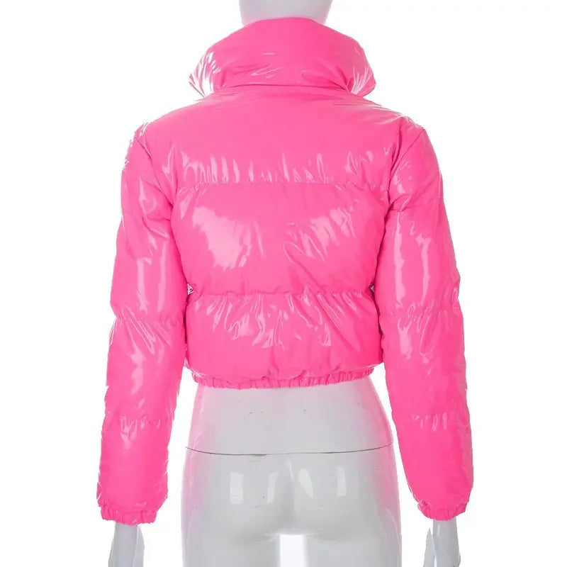 Faux PU Leather Y2K Bubble Puffer Winter Warm Jacket Women Long Sleeve Coats - Blade & Thread