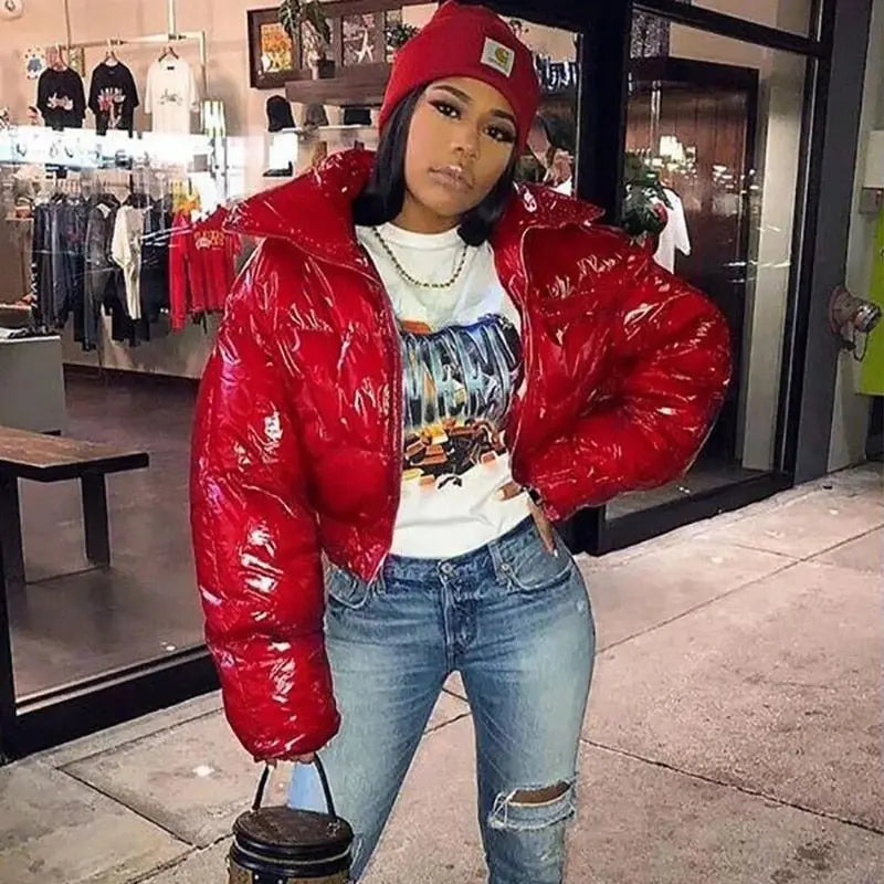 Faux PU Leather Y2K Bubble Puffer Winter Warm Jacket Women Long Sleeve Coats - Blade & Thread