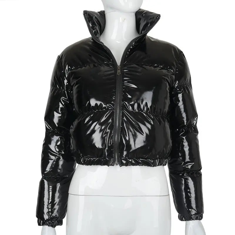 Faux PU Leather Y2K Bubble Puffer Winter Warm Jacket Women Long Sleeve Coats - Blade & Thread
