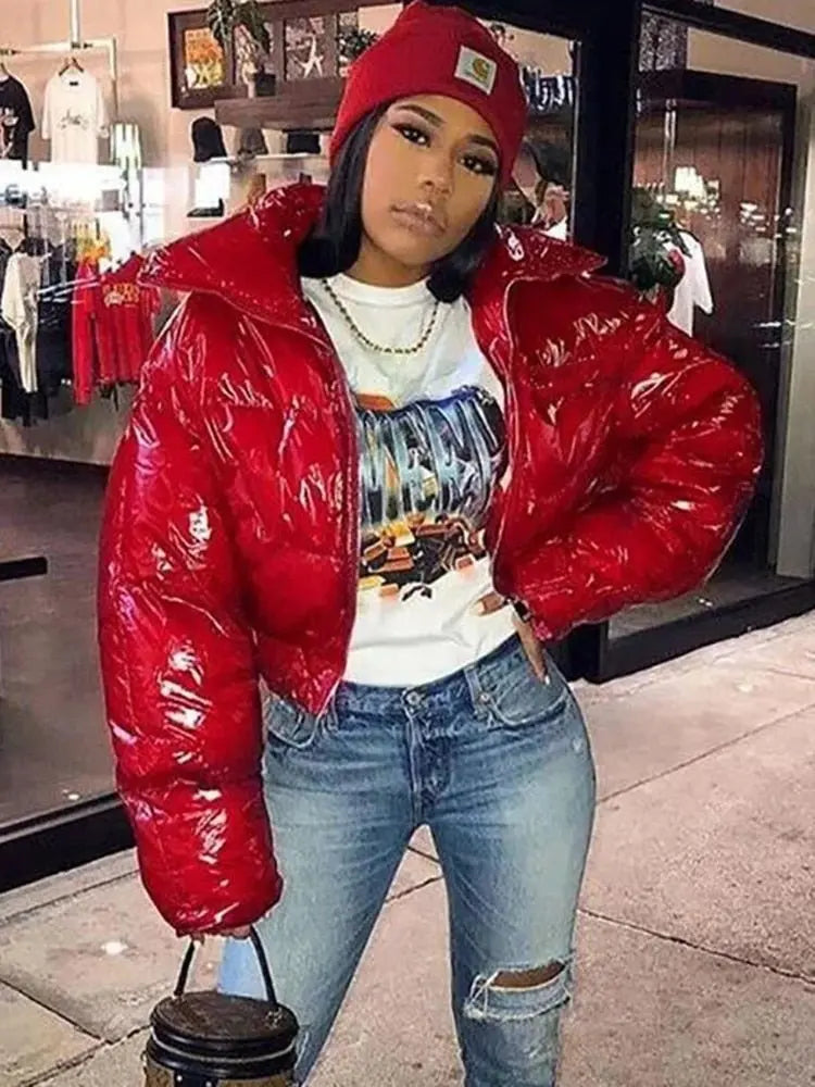 Faux PU Leather Y2K Bubble Puffer Winter Warm Jacket Women Long Sleeve Coats - Blade & Thread