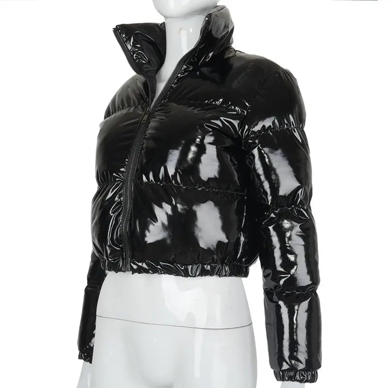 Faux PU Leather Y2K Bubble Puffer Winter Warm Jacket Women Long Sleeve Coats - Blade & Thread