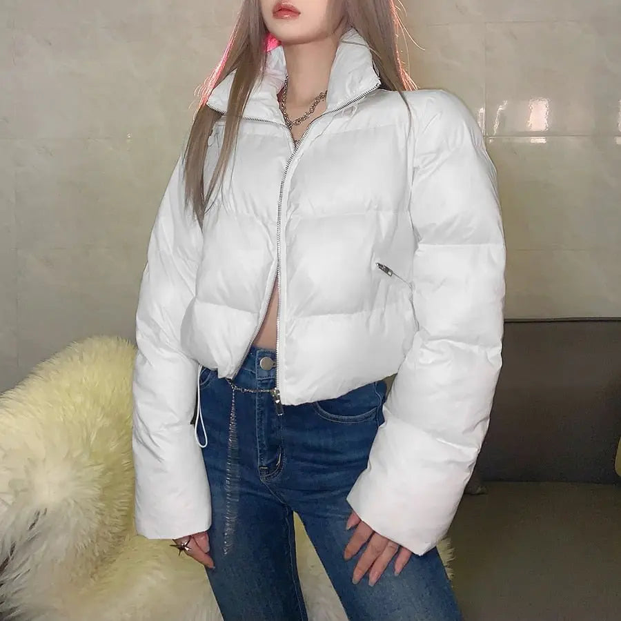Faux PU Leather Y2K Bubble Puffer Winter Warm Jacket Women Long Sleeve Coats - Blade & Thread