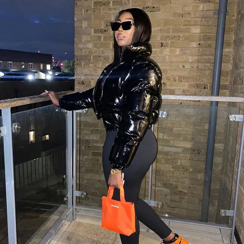 Faux PU Leather Y2K Bubble Puffer Winter Warm Jacket Women Long Sleeve Coats - Blade & Thread