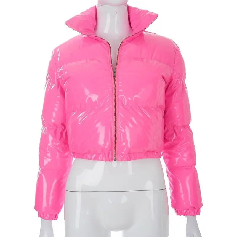 Faux PU Leather Y2K Bubble Puffer Winter Warm Jacket Women Long Sleeve Coats - Blade & Thread