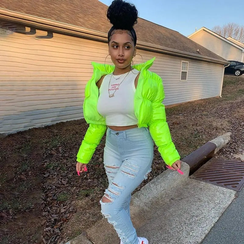 Faux PU Leather Y2K Bubble Puffer Winter Warm Jacket Women Long Sleeve Coats - Blade & Thread