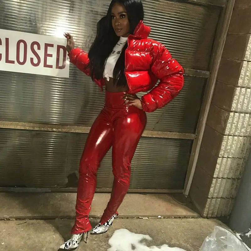 Faux PU Leather Y2K Bubble Puffer Winter Warm Jacket Women Long Sleeve Coats - Blade & Thread