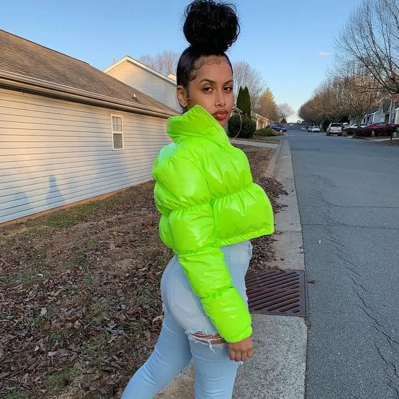 Faux PU Leather Y2K Bubble Puffer Winter Warm Jacket Women Long Sleeve Coats - Blade & Thread