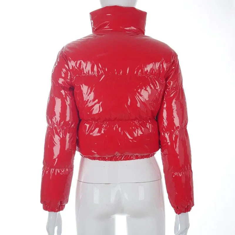 Faux PU Leather Y2K Bubble Puffer Winter Warm Jacket Women Long Sleeve Coats - Blade & Thread