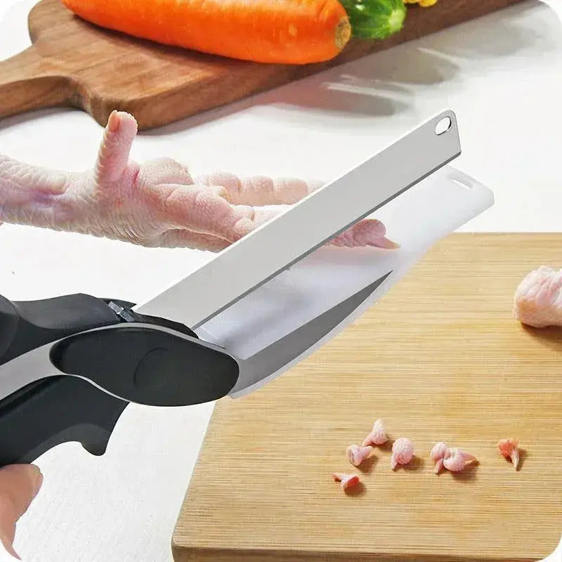 Slim Stainless Steel Kitchen Food Cutter Scissors With Integrated Cutting Board Blade & Thread