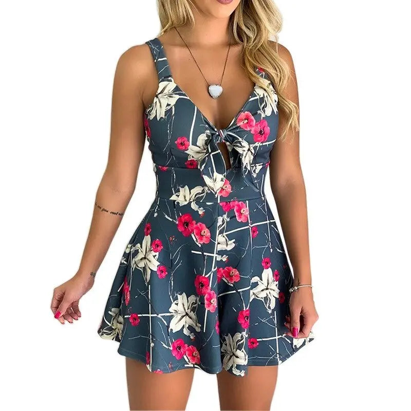 Female Sexy Playsuit print sexy V-neck short jumpsuit women loose casual beach romper - Blade & Thread