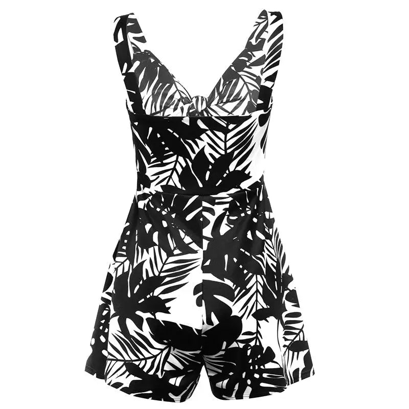Female Sexy Playsuit print sexy V-neck short jumpsuit women loose casual beach romper - Blade & Thread