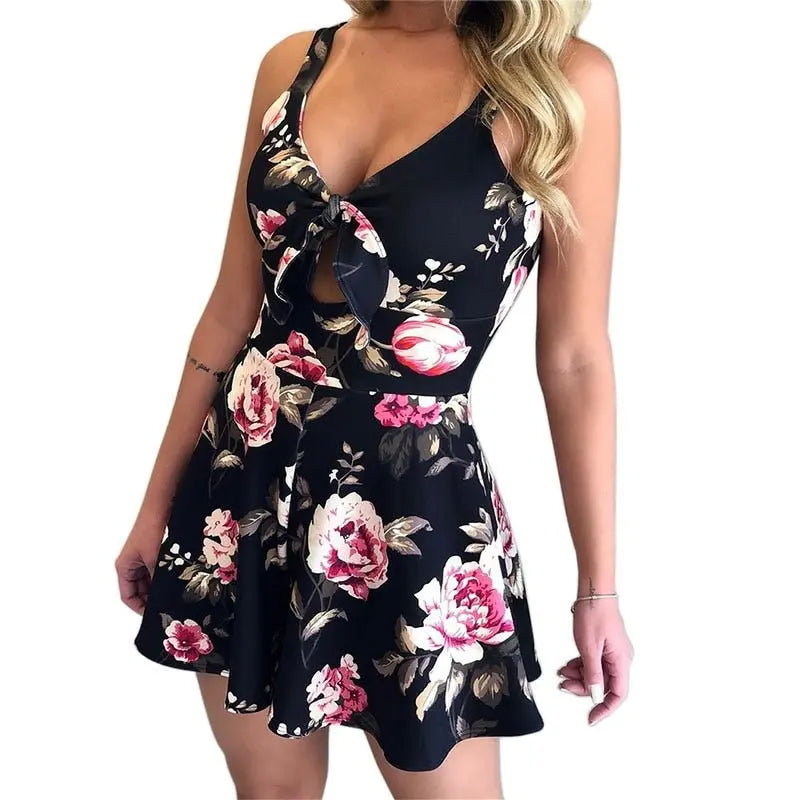 Female Sexy Playsuit print sexy V-neck short jumpsuit women loose casual beach romper - Blade & Thread