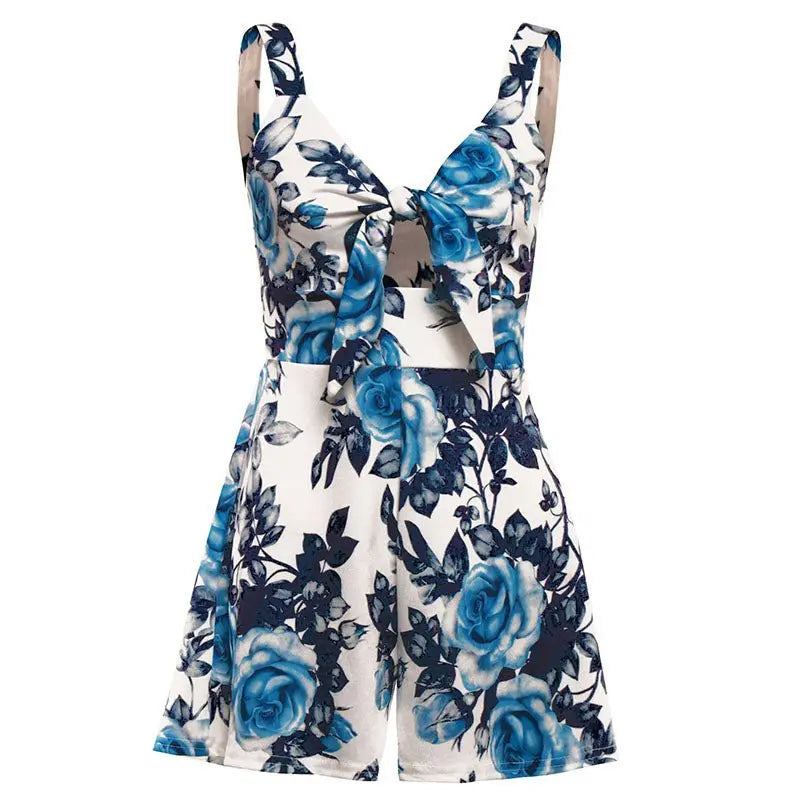 Female Sexy Playsuit print sexy V-neck short jumpsuit women loose casual beach romper - Blade & Thread