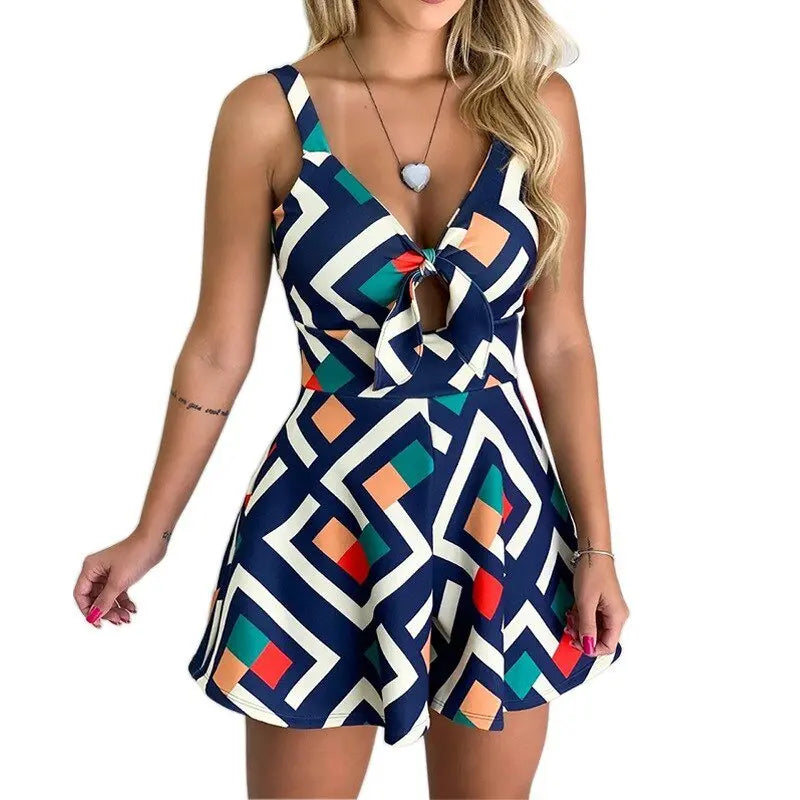 Female Sexy Playsuit print sexy V-neck short jumpsuit women loose casual beach romper - Blade & Thread